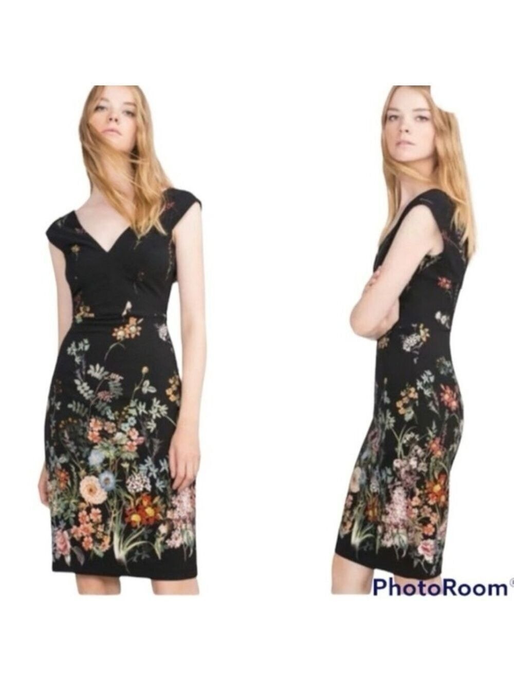 Zara Floral V Neck Black Midi Pencil Dress Botanical Print.      Size Small